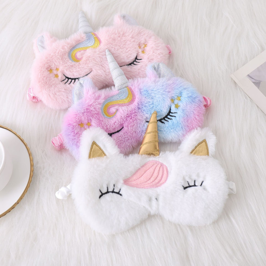 Ladies nan cozy unicorn sleep mask with embroidered eyelashes, soft plush and elastic ruffled ribbon 
Maetiva