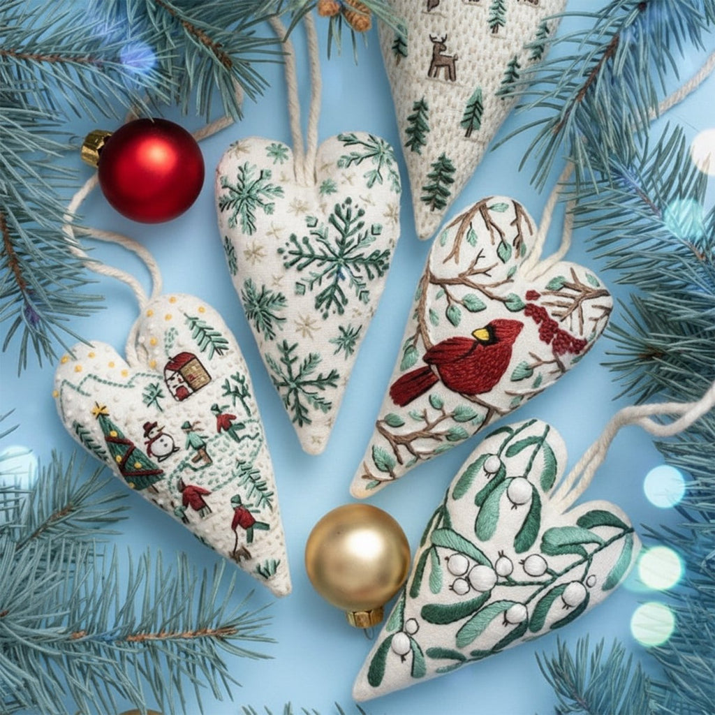DIY embroidery set for heart-shaped Christmas decorations with fabric, thread, and needles