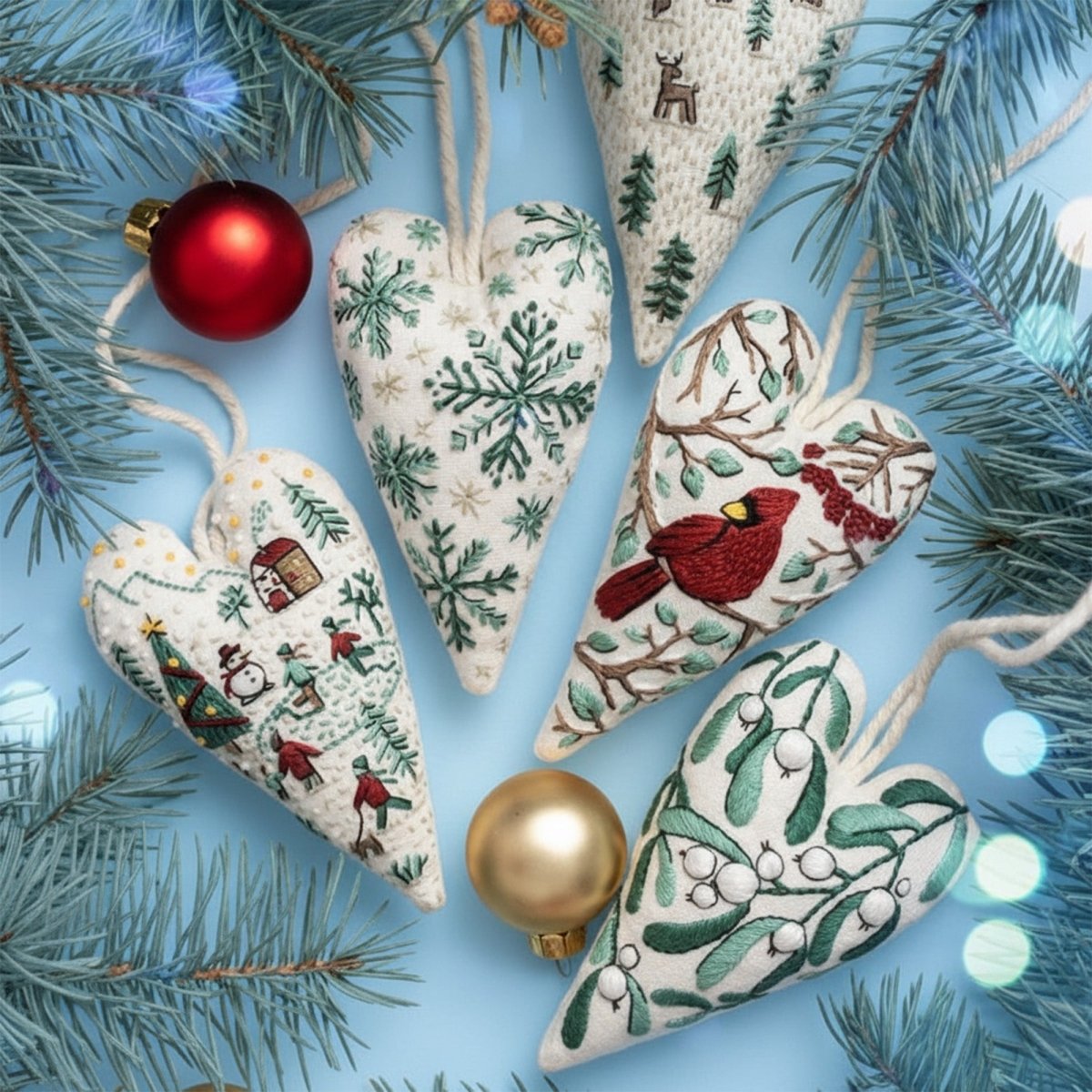 DIY embroidery set for heart-shaped Christmas decorations with fabric, thread, and needles