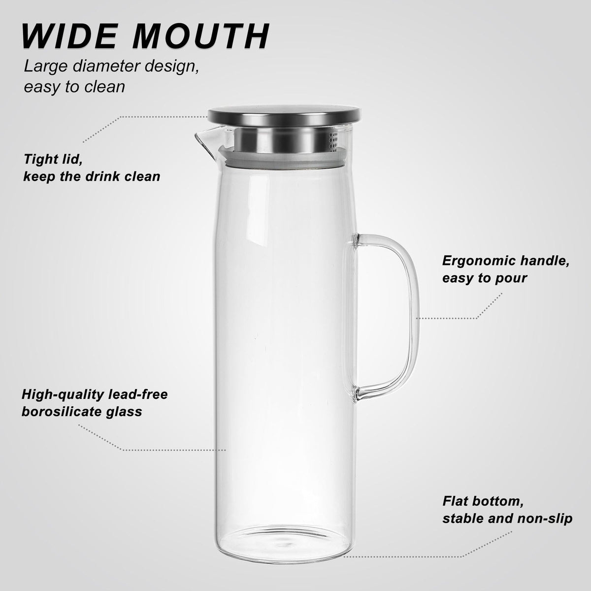 Cylindrical heat-resistant glass jug