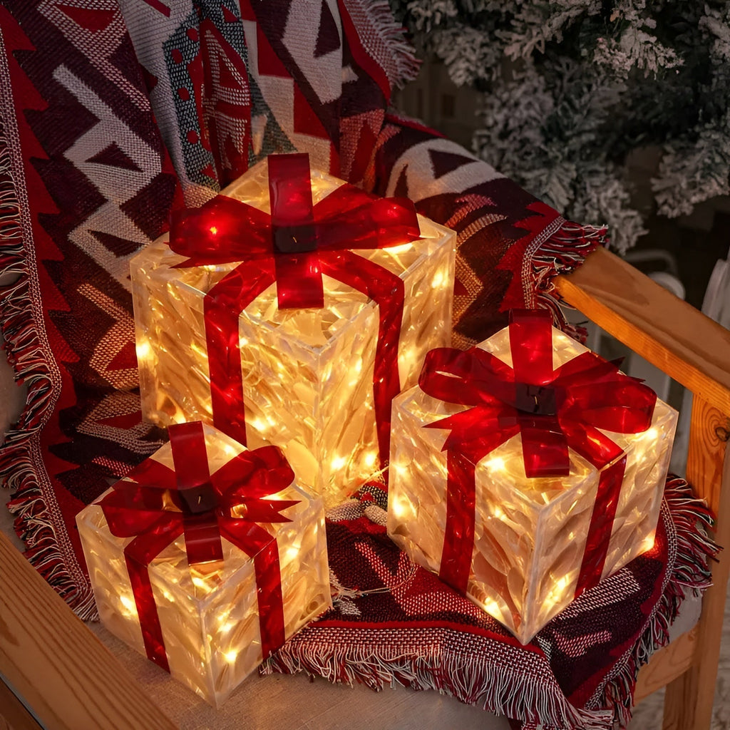 Bright gift boxes in a set of 3 – Transparent Christmas decoration with red ribbons | For indoors & outdoors