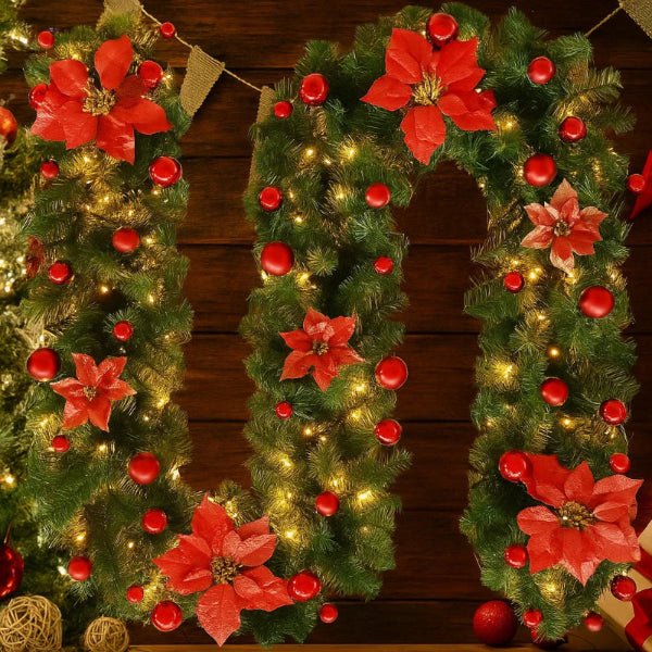 Illuminated Christmas garland made of rattan with warm white LED lights, 2.7 m