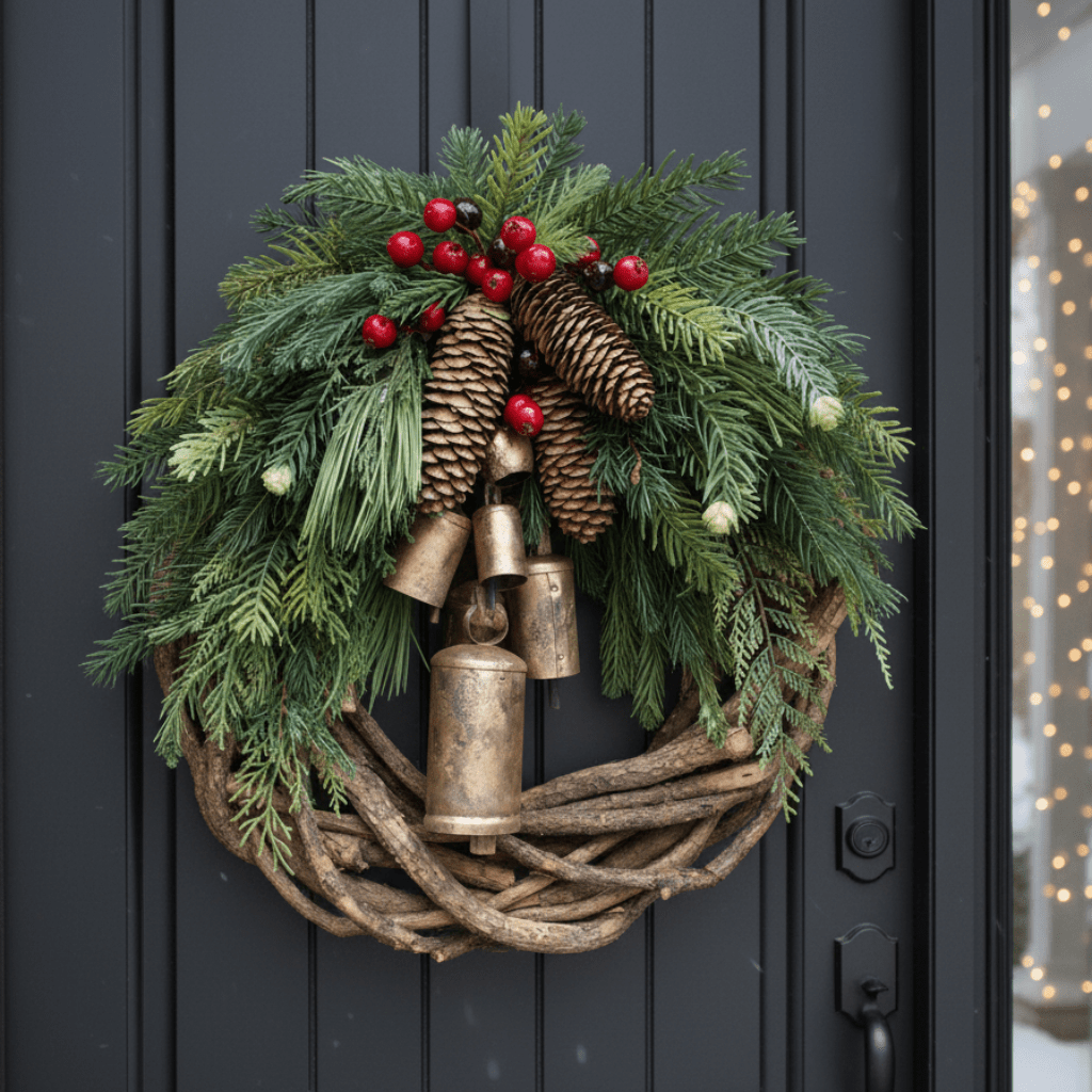 Cozy Christmas wreath with natural bells and wooden accents