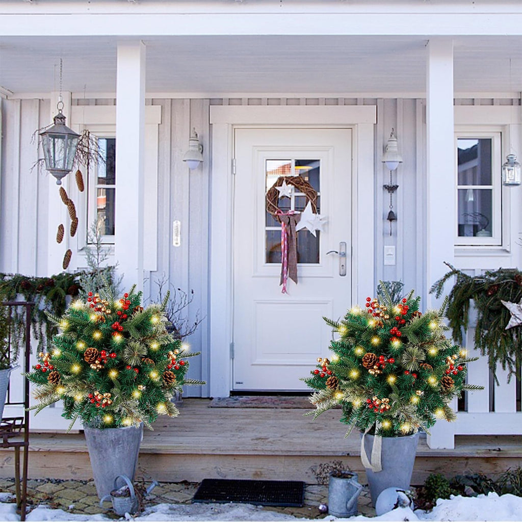 Christmas urn decoration with LED lights | Realistic pine branches & berries | Indoor and outdoor