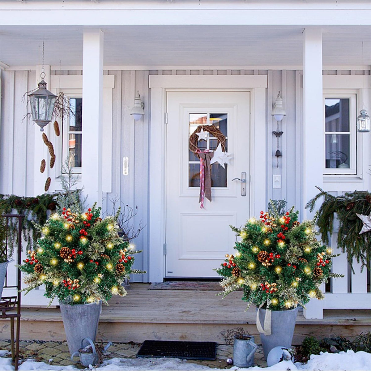 Christmas urn decoration with LED lights | Realistic pine branches & berries | Indoor and outdoor