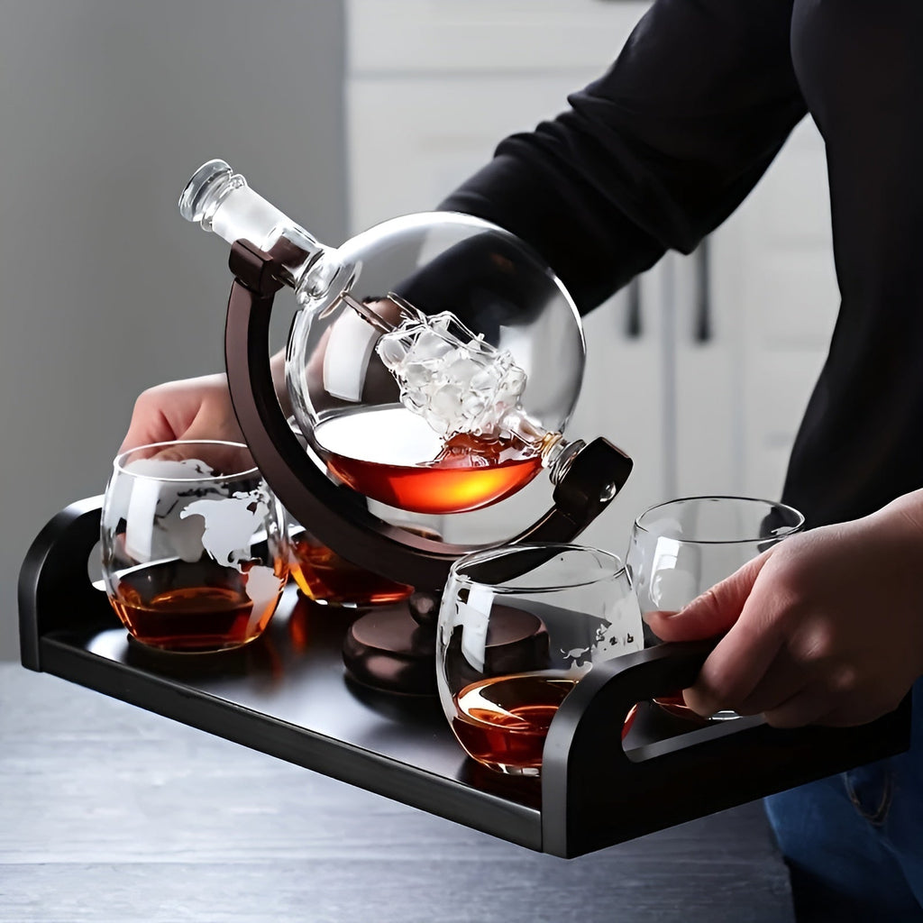 Whisky Decanter Set in Globe Shape – Lead-Free Carafe with Wooden Stand | Includes 2 Whisky Glasses