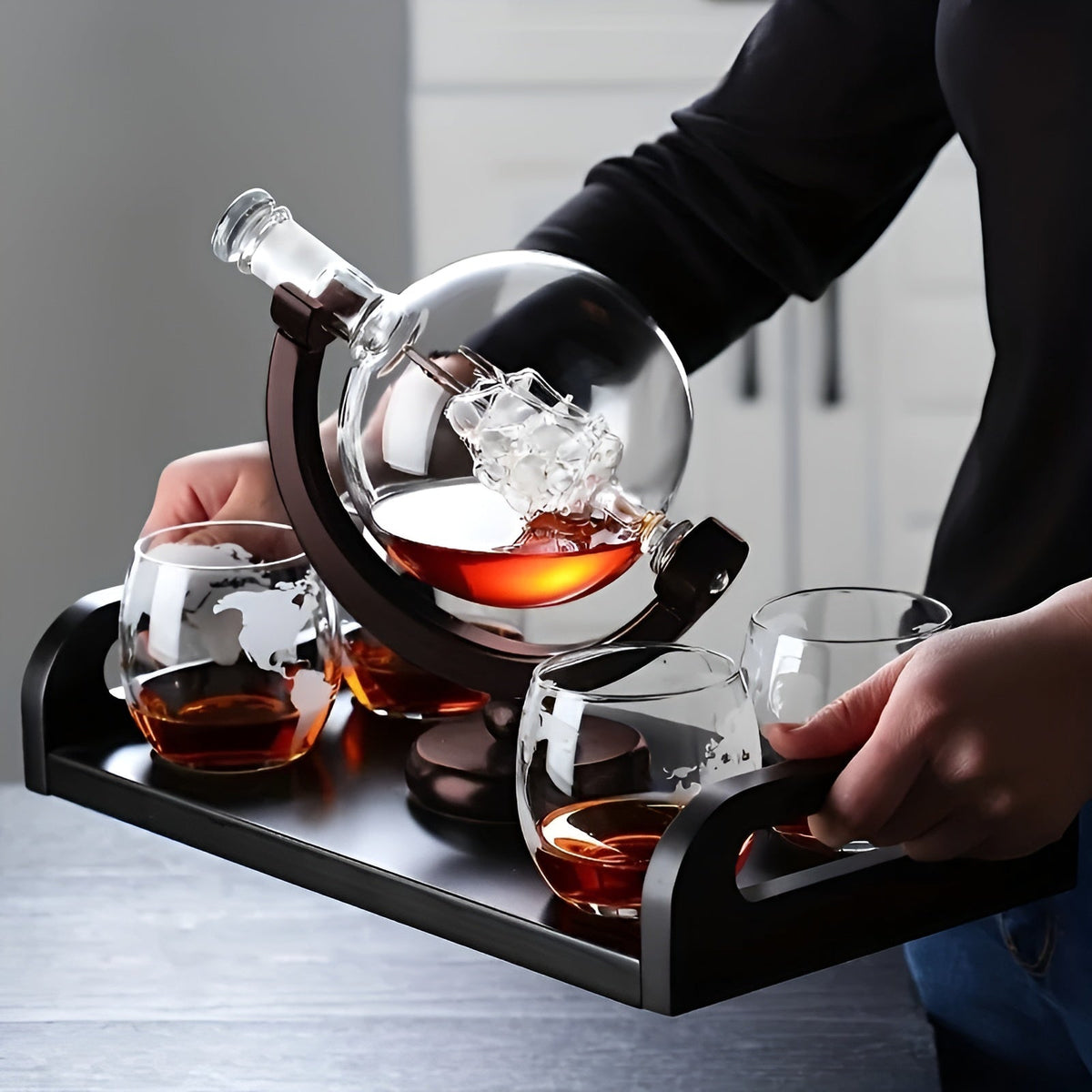 Whisky Decanter Set in Globe Shape – Lead-Free Carafe with Wooden Stand | Includes 2 Whisky Glasses