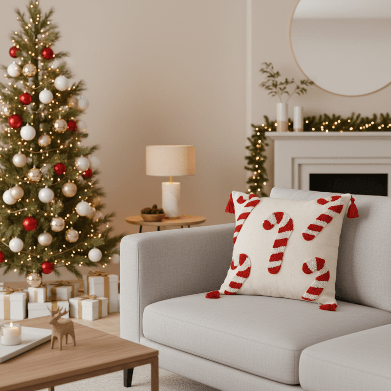Festive Christmas pillow cover with candy cane motif and soft polyester fabric