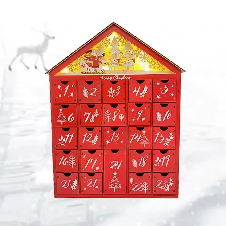 Wooden Advent Calendar with 24 Storage Drawers – Refillable DIY Christmas Countdown with Lighting, 30 x 6.3 x 39 cm