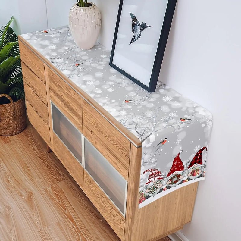 Festive Linen Table Runner for Christmas with Snowflake and Gnome Motif