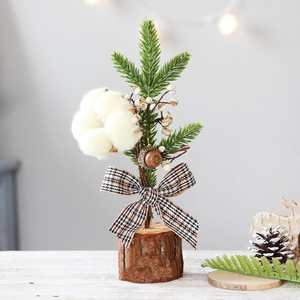 Mini Tabletop Christmas Tree with Rustic Base for Warm Holiday Decoration