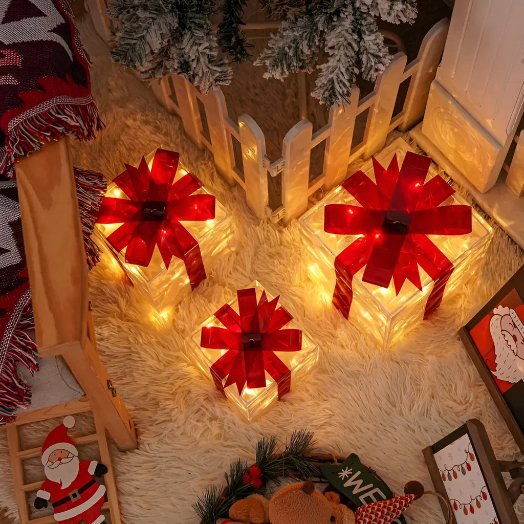 Bright gift boxes in a set of 3 – Transparent Christmas decoration with red ribbons | For indoors & outdoors