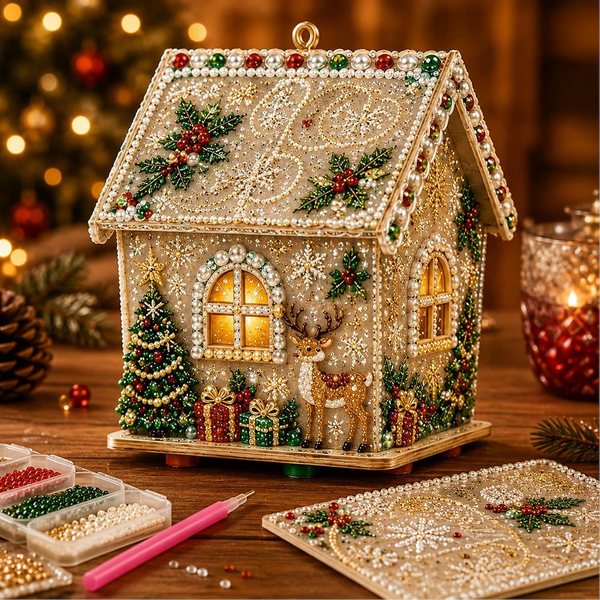3D Christmas House Diamond Painting Kits for Adults, Light Up Wooden Pearl Art Set DIY Holiday Ornaments