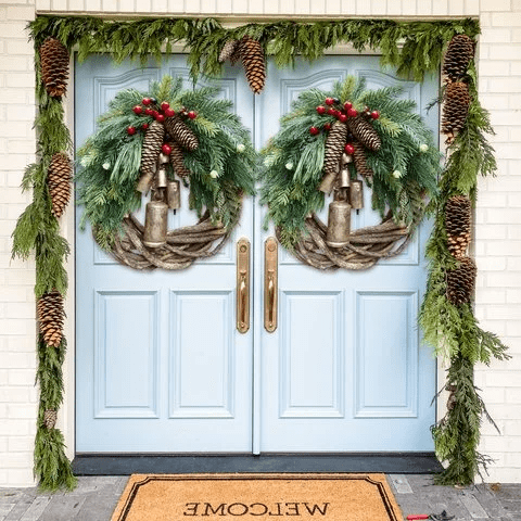 Cozy Christmas wreath with natural bells and wooden accents