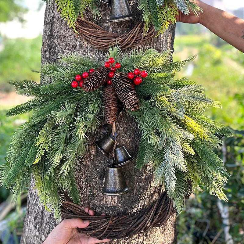 Cozy Christmas wreath with natural bells and wooden accents