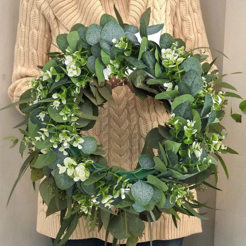 EverLeaf | Eucalyptus Wreath with Artificial Flowers | Handcrafted Decoration for Christmas, Wedding & Home