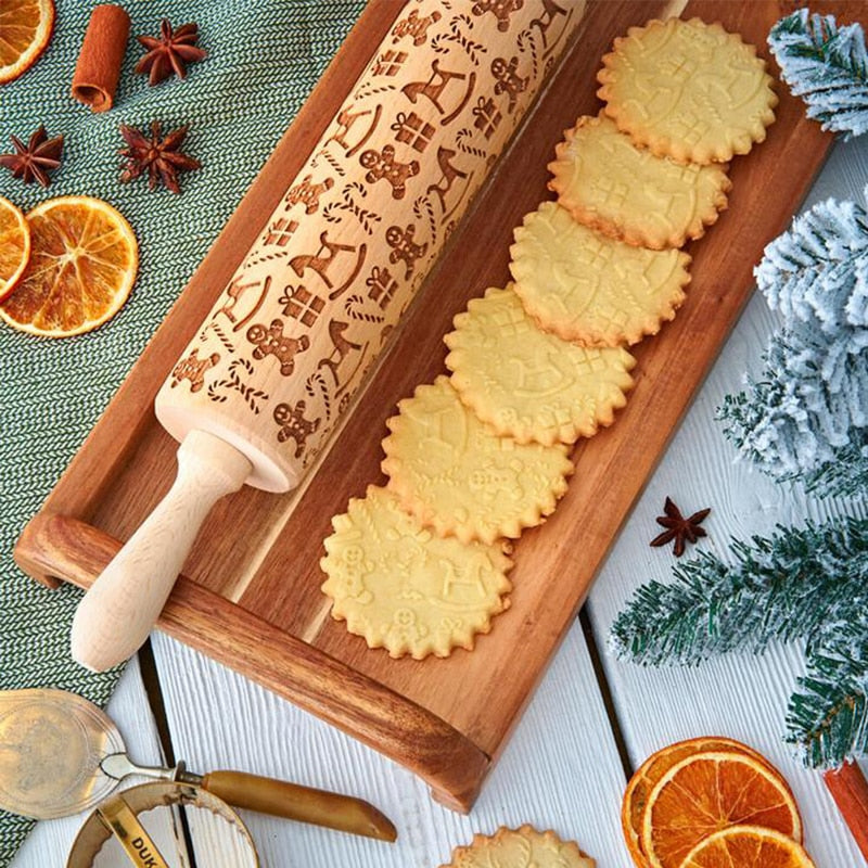 Embossed Rolling Pin Christmas Roller | Handmade from Beech Wood | Christmas Designs & Cookie Cutters