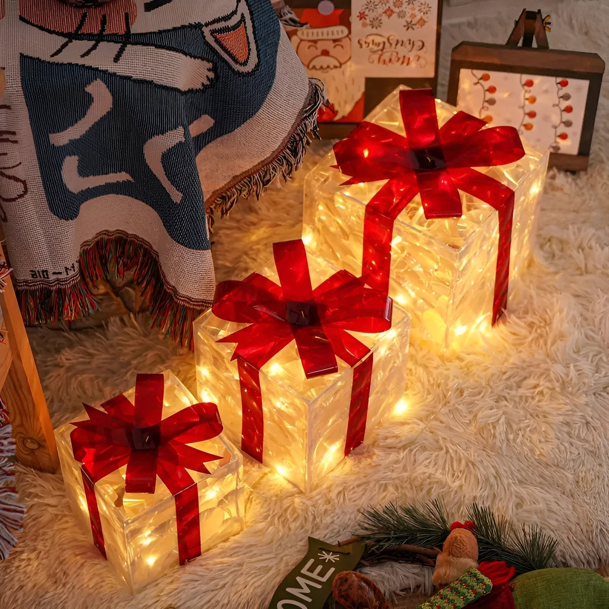 Bright gift boxes in a set of 3 – Transparent Christmas decoration with red ribbons | For indoors & outdoors