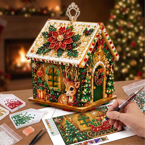 3D Christmas House Diamond Painting Kits for Adults, Light Up Wooden Pearl Art Set DIY Holiday Ornaments