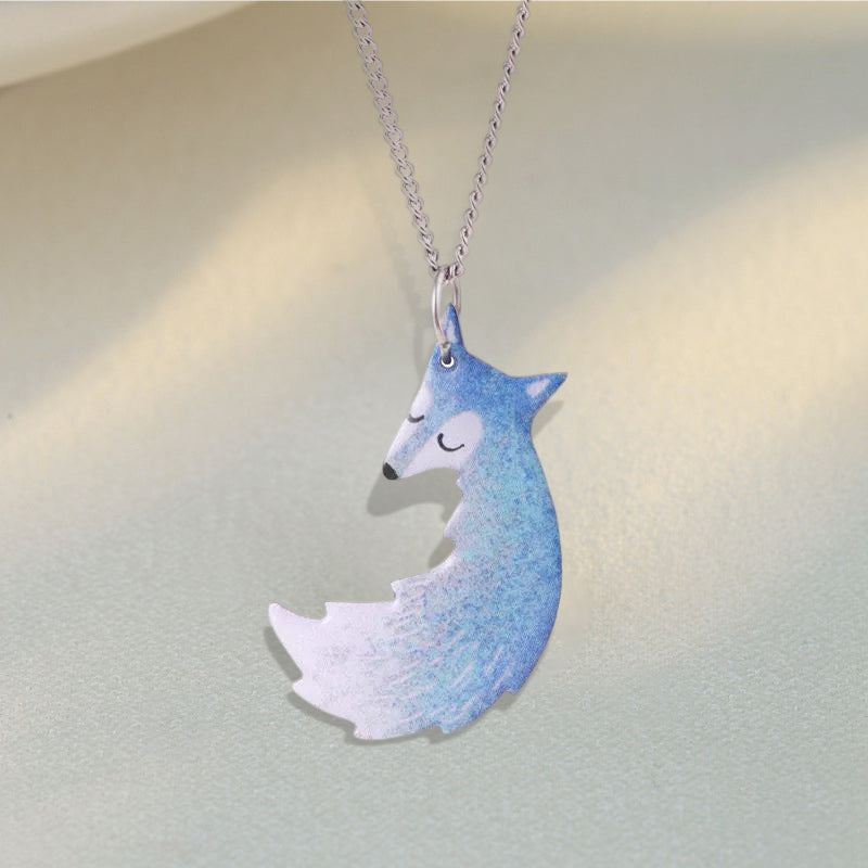 Hand-painted Fox and Wolf Couple Embrace Necklace