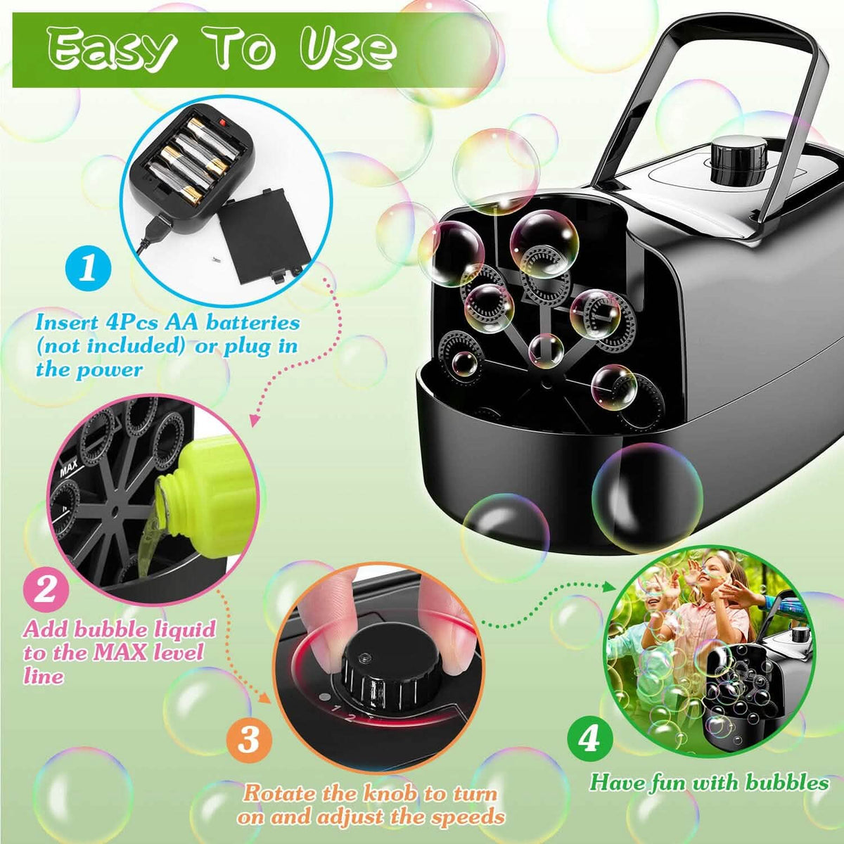 Portable Bubble Machine with 2 Speeds Hand Grip 3000-4000 Bubbles per Minute Plug-powered Battery-powered