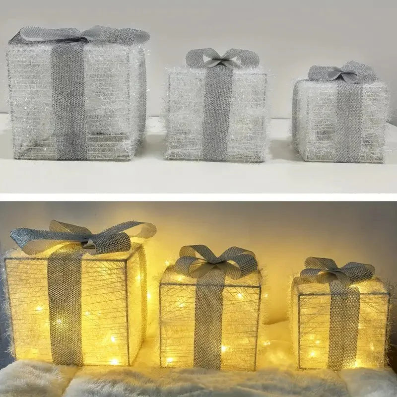 Lighted Christmas Gift Box Set of 3 with Warm White LEDs for Indoor and Outdoor Decor