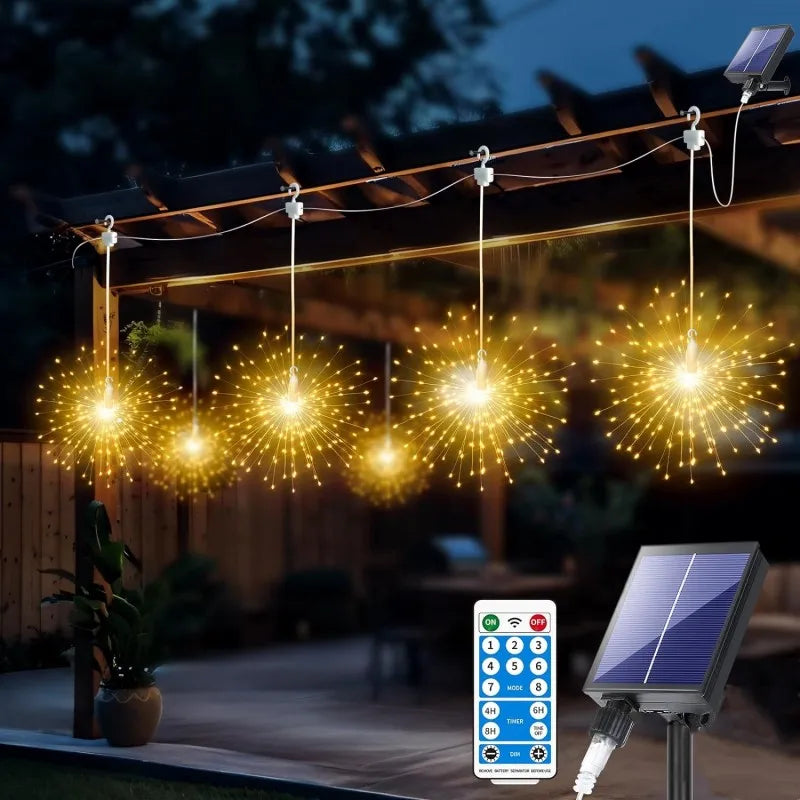 Lunaris Solar Fireworks Fairy Lights | 5×90 LEDs | 8 Modes & Remote Control | IP65 Waterproof | Garden, Terrace & Christmas