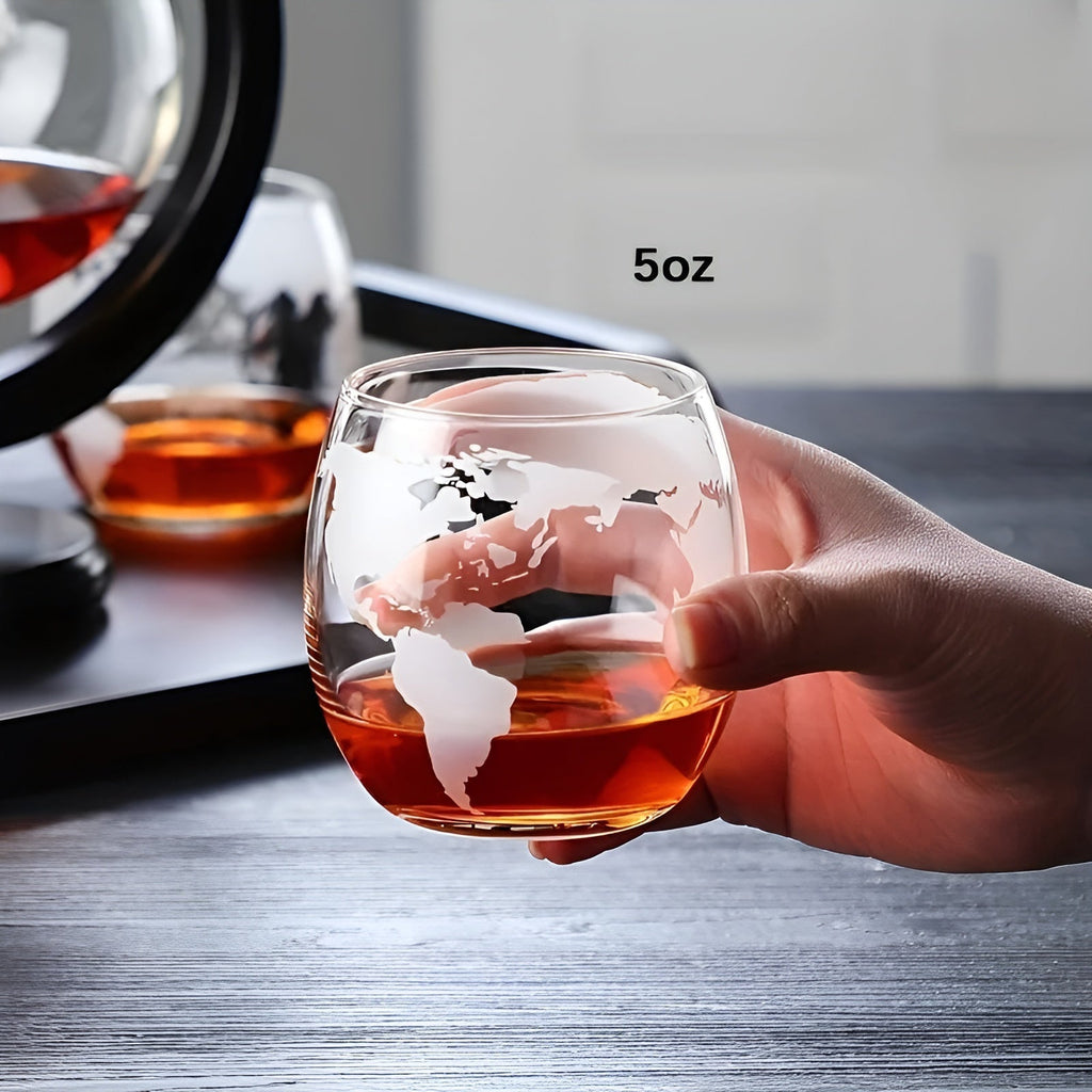 Whisky Decanter Set in Globe Shape – Lead-Free Carafe with Wooden Stand | Includes 2 Whisky Glasses