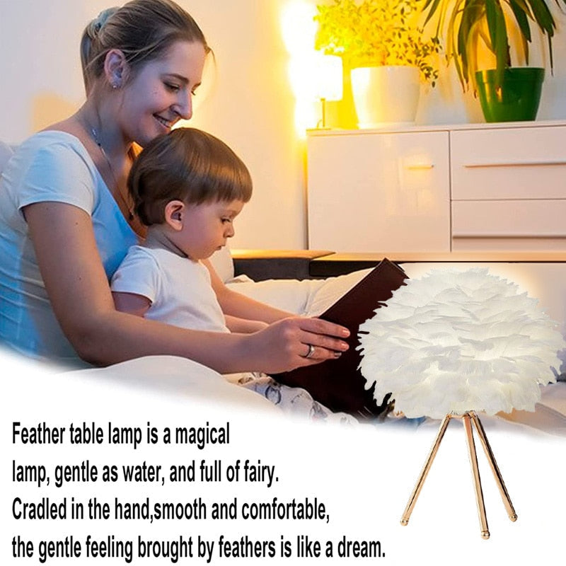 Romantic Feather Table Lamp Modern Nightstand Lamp Living Room Café Decoration Wedding Christmas Gift Ostrich Feather Light