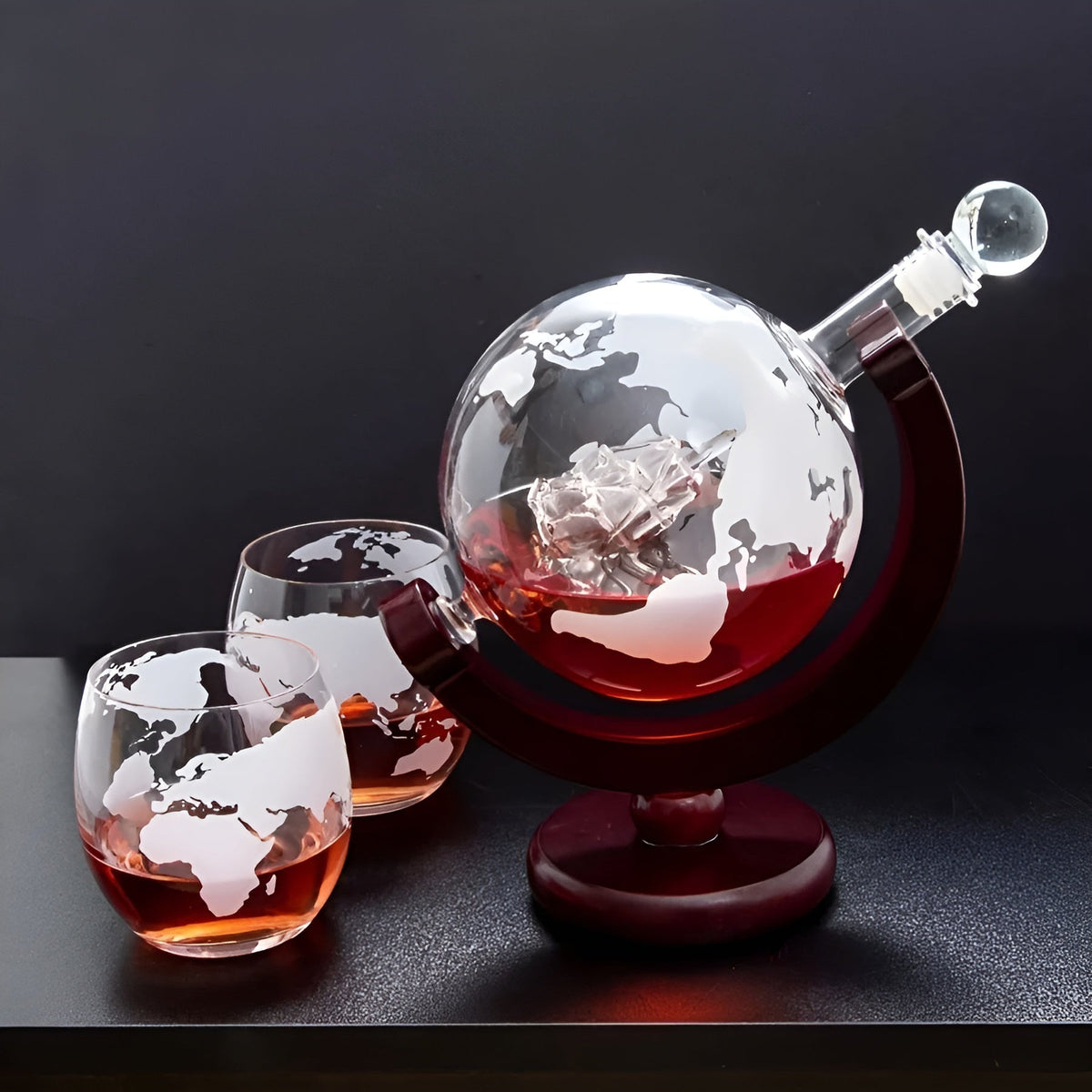 Whisky Decanter Set in Globe Shape – Lead-Free Carafe with Wooden Stand | Includes 2 Whisky Glasses
