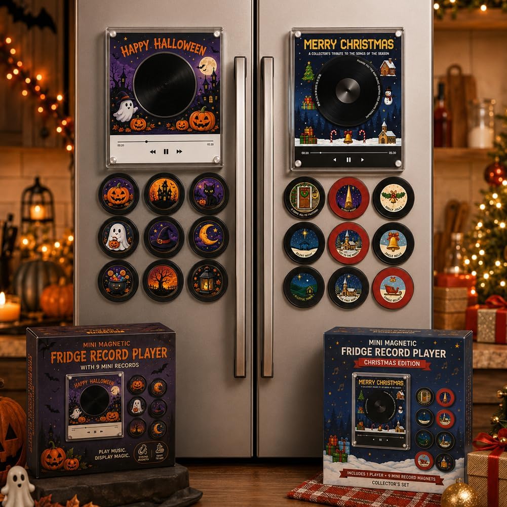 Magnetic Fridge Vinyl Music Box Christmas Jingle Player Set with 9 NFC Style Discs and USB C
