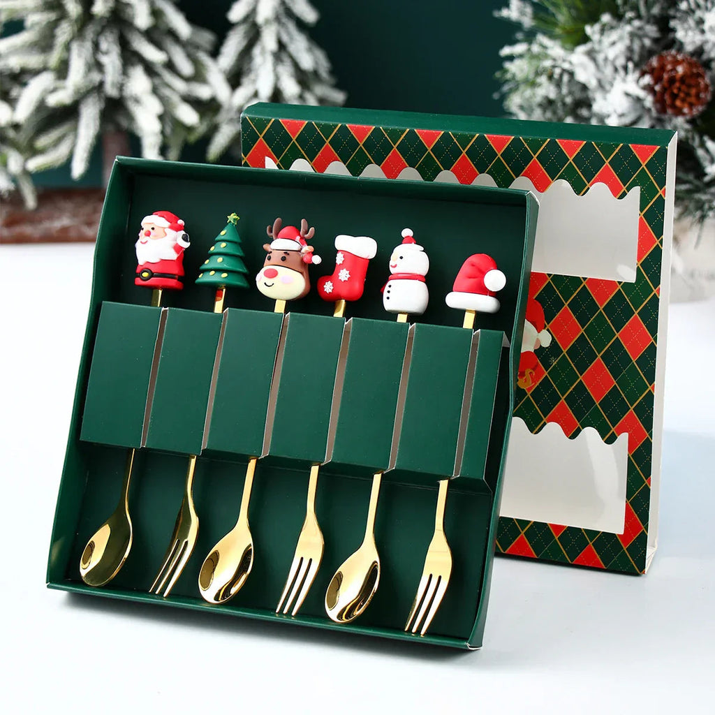 GoldParty Christmas Cutlery Set – Luxury Gold Spoon and Fork with Santa Claus Design