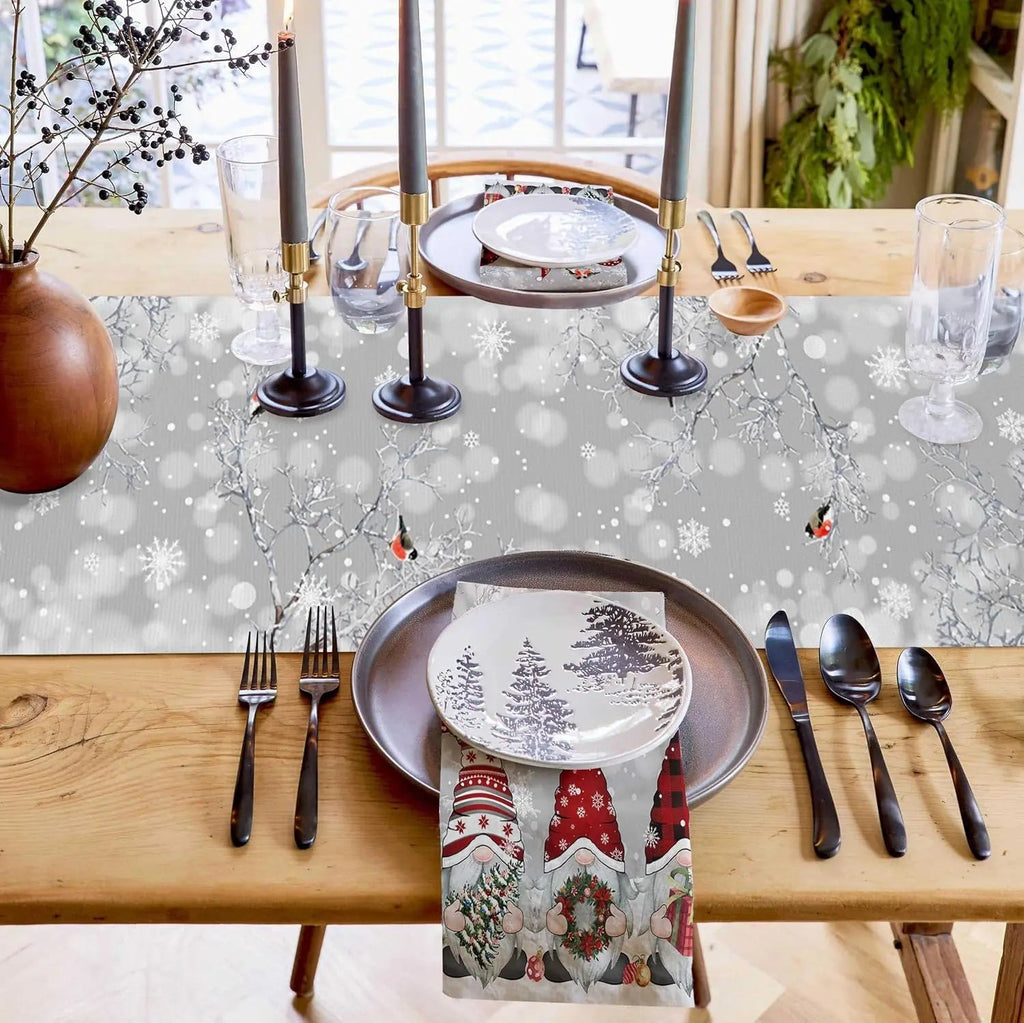 SnowGnome Christmas Table Runner – Luxe Linen Table Runner with Snowflake and Gnome Design