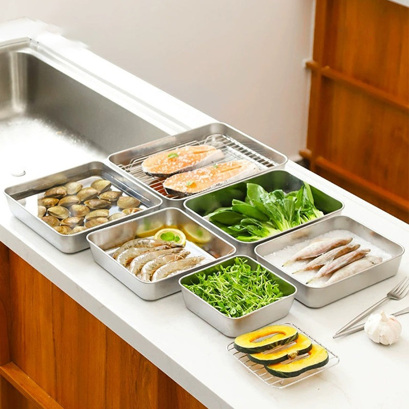 304 Stainless Steel Square Plate with Lid Food Storage Container for Kitchen