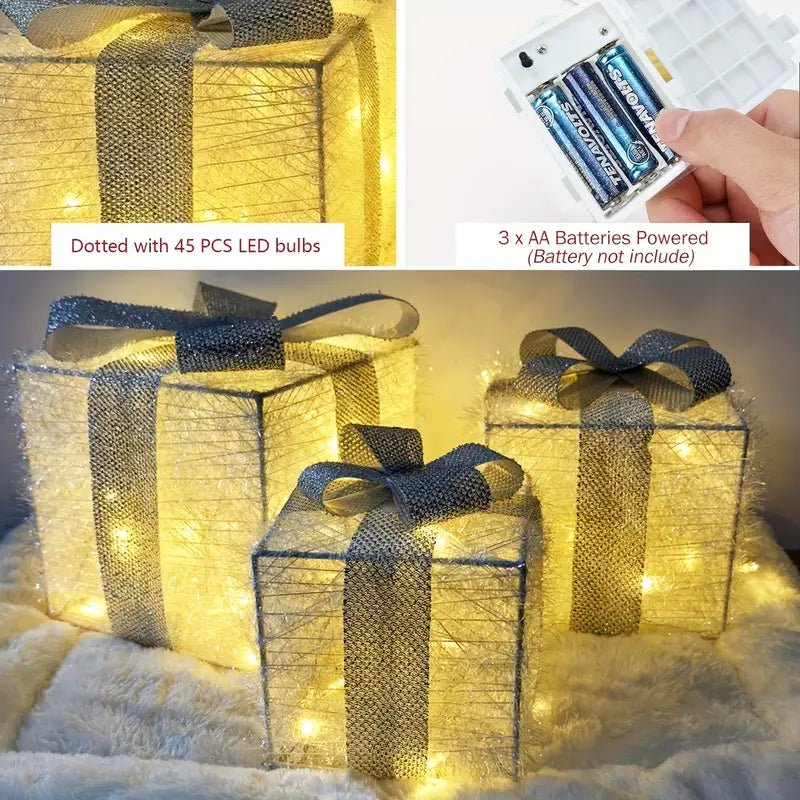Lighted Christmas Gift Box Set of 3 with Warm White LEDs for Indoor and Outdoor Decor