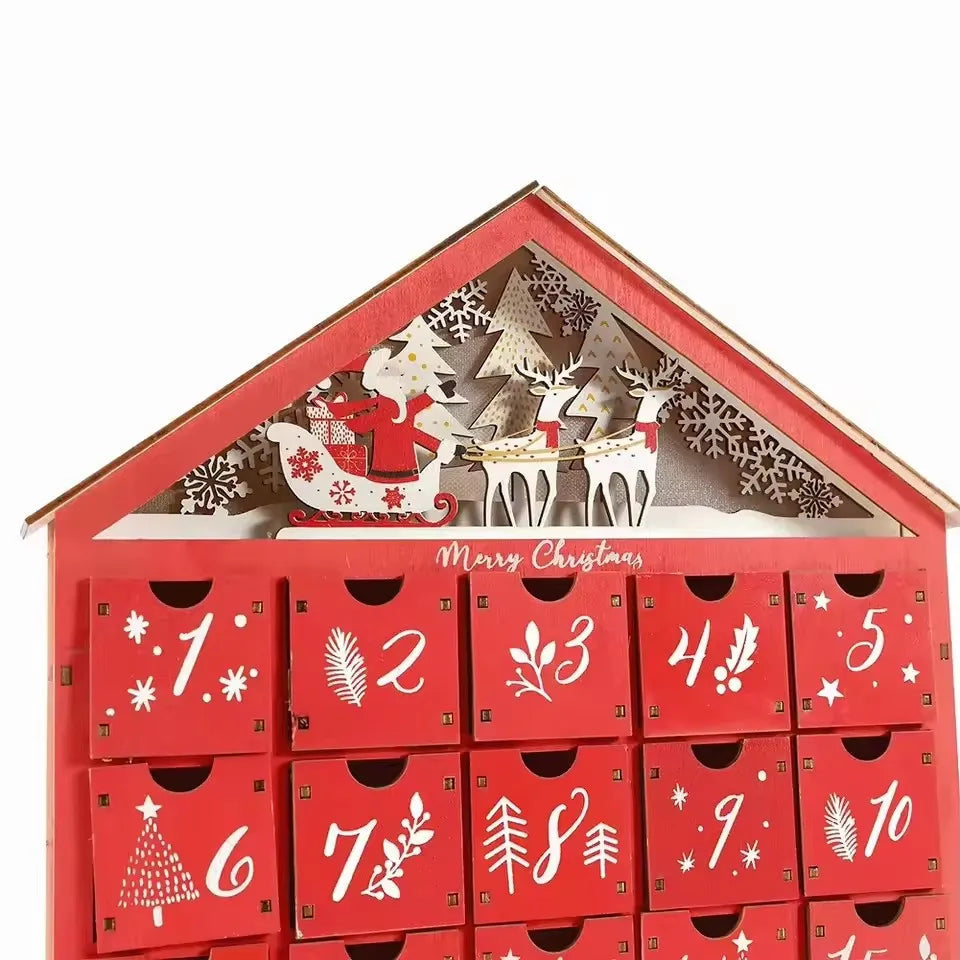 Wooden Advent Calendar with 24 Storage Drawers – Refillable DIY Christmas Countdown with Lighting, 30 x 6.3 x 39 cm