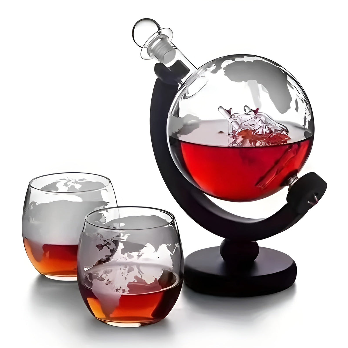 Whisky Decanter Set in Globe Shape – Lead-Free Carafe with Wooden Stand | Includes 2 Whisky Glasses