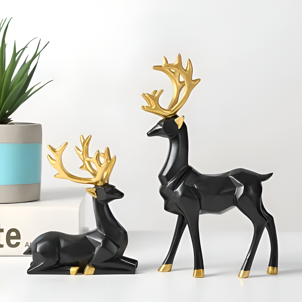 Geometric Reindeer Figurine Set – Modern 2-piece Resin Decoration