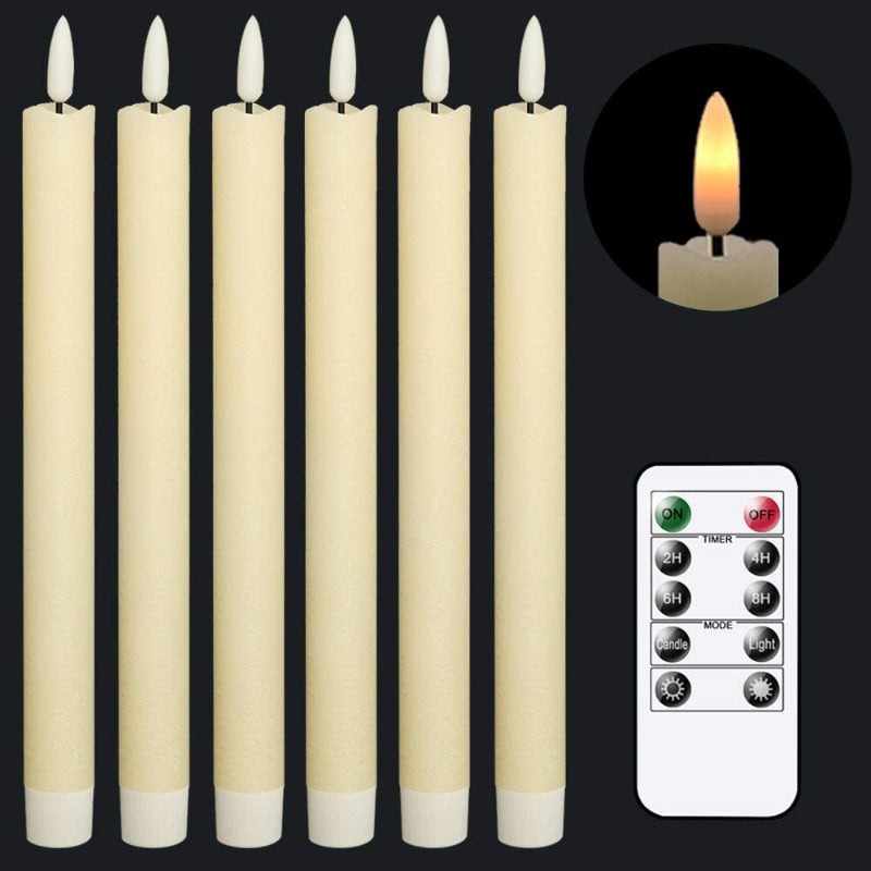 Flame-free flickering taper candles with 2 remote controls and timer, real wax 3D wick light window candles battery-operated, Christmas home wedding decor