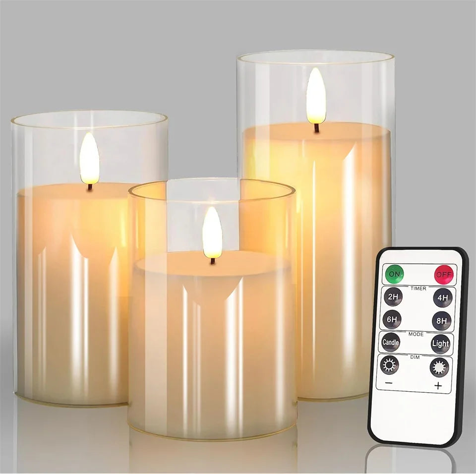 Lumièrea | LED Candle Set with Glass | Flickering & Remote Control | Timer | Wedding & Christmas