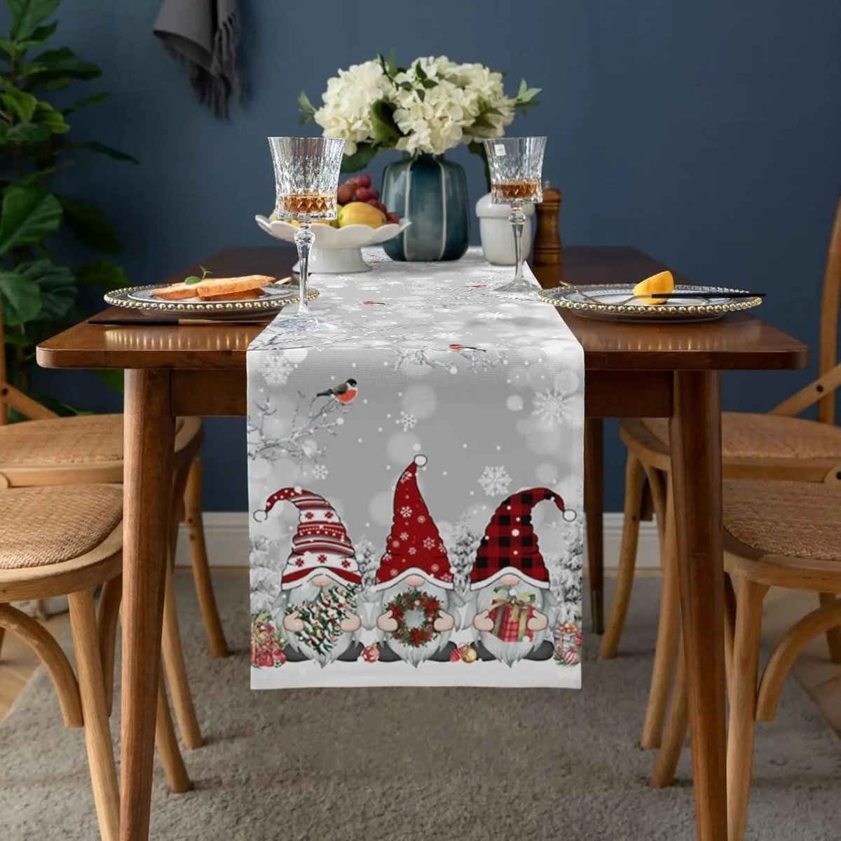 Festive Linen Table Runner for Christmas with Snowflake and Gnome Motif