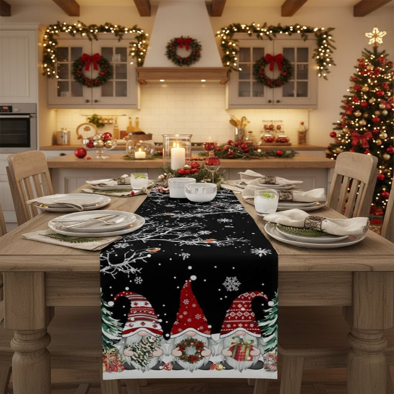 Festive Linen Table Runner for Christmas with Snowflake and Gnome Motif
