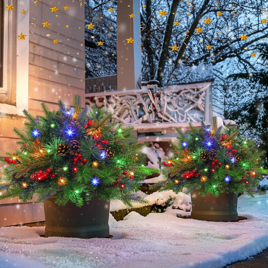 Christmas urn decoration with LED lights | Realistic pine branches & berries | Indoor and outdoor