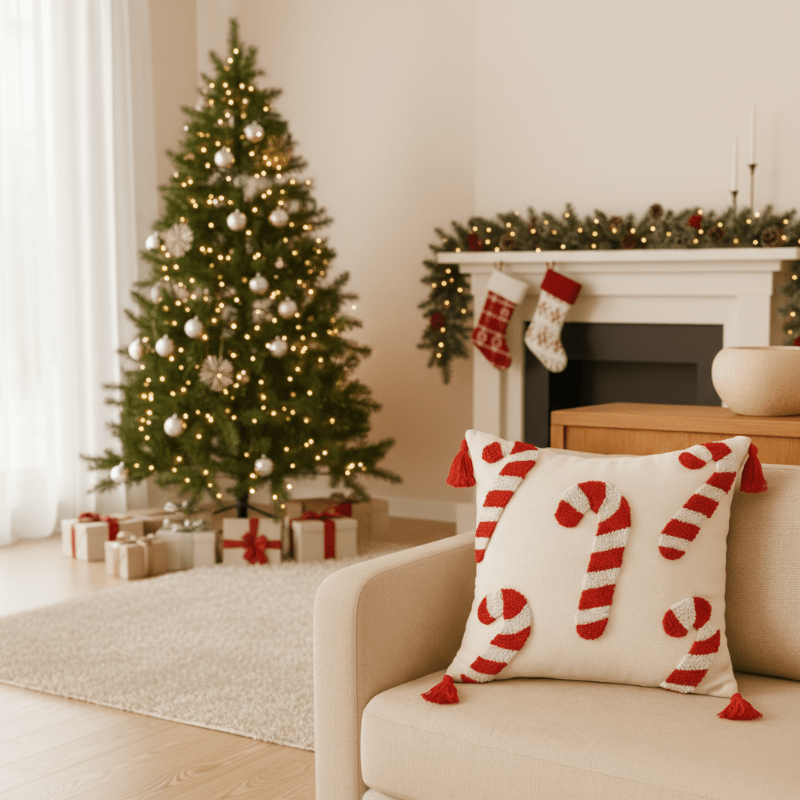 Festive Christmas pillow cover with candy cane motif and soft polyester fabric