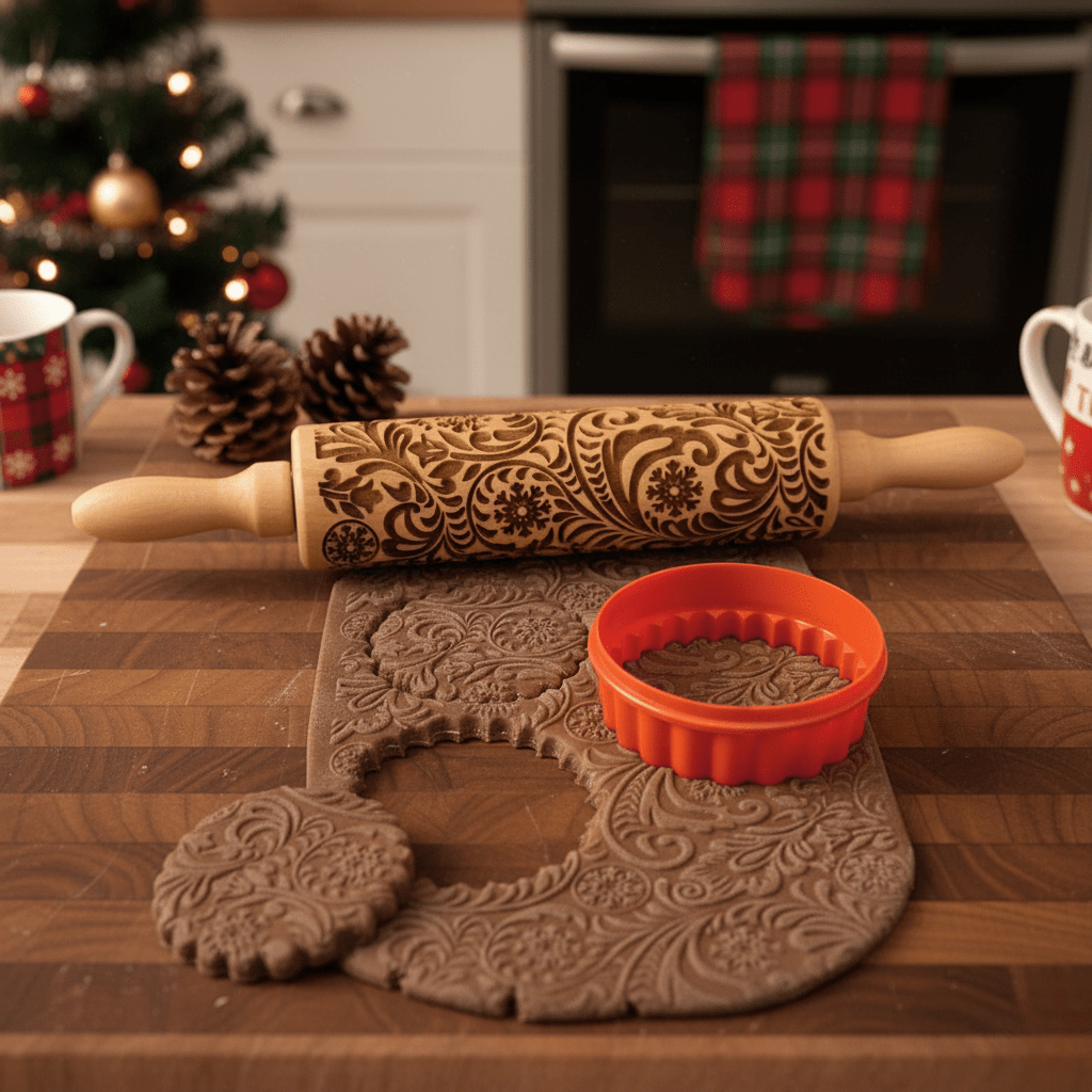 Handmade rolling pin with decorative Christmas embossing