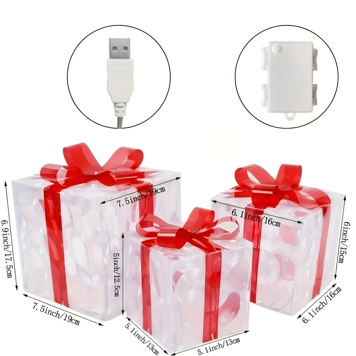 Bright gift boxes in a set of 3 – Transparent Christmas decoration with red ribbons | For indoors & outdoors