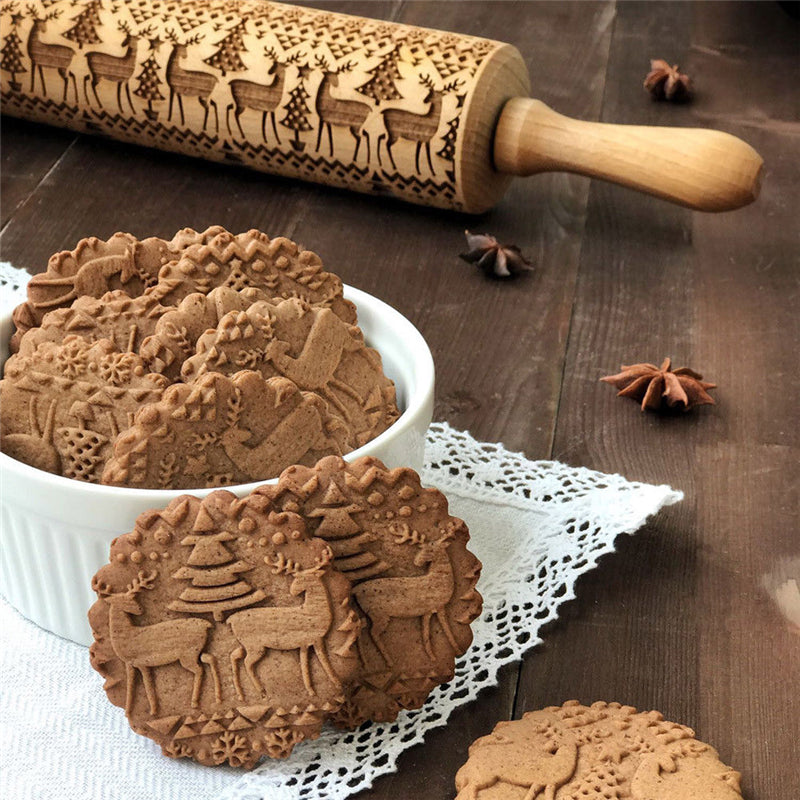 Embossed Rolling Pin Christmas Roller | Handmade from Beech Wood | Christmas Designs & Cookie Cutters