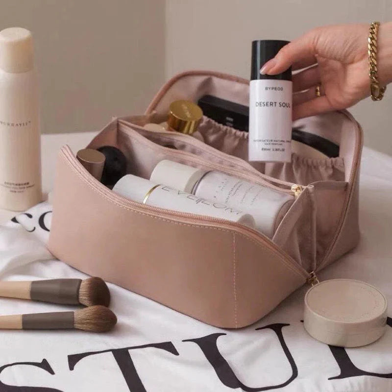 Large Travel Makeup Bag, Water-Resistant PU Leather