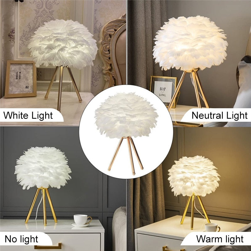 Romantic Feather Table Lamp Modern Nightstand Lamp Living Room Café Decoration Wedding Christmas Gift Ostrich Feather Light