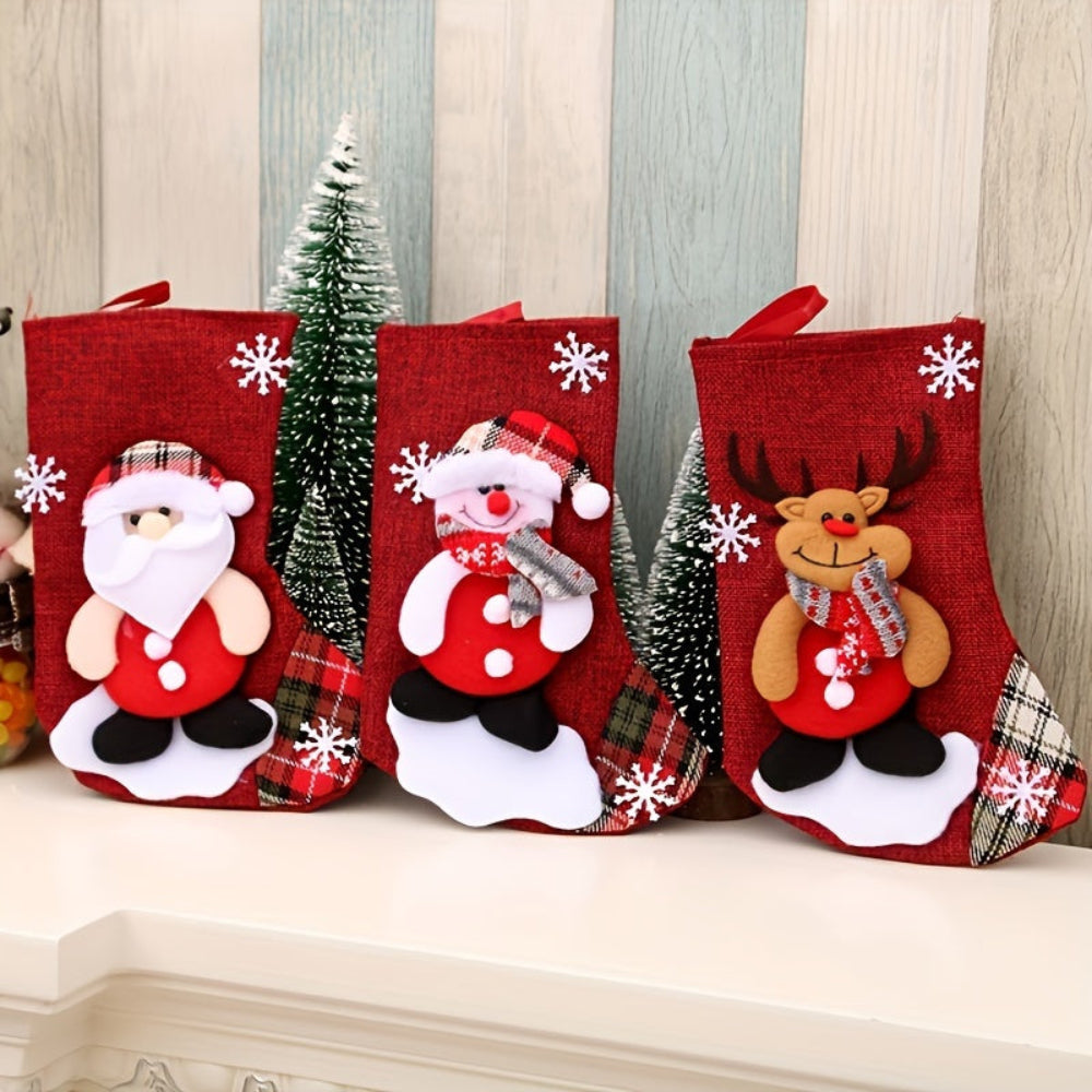 Set Red Christmas Socks with Santa, Snowman, and Reindeer for Festive Decoration